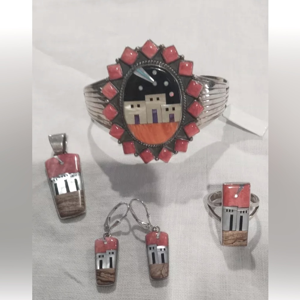 Sterling Southwest Native or Navajo Cuff Bracelet, Ring, Pendant, and Earrings